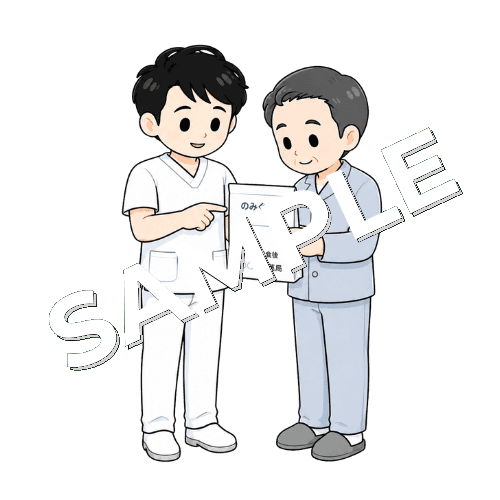 薬袋の文字を読む練習をする男性言語聴覚士のイラスト