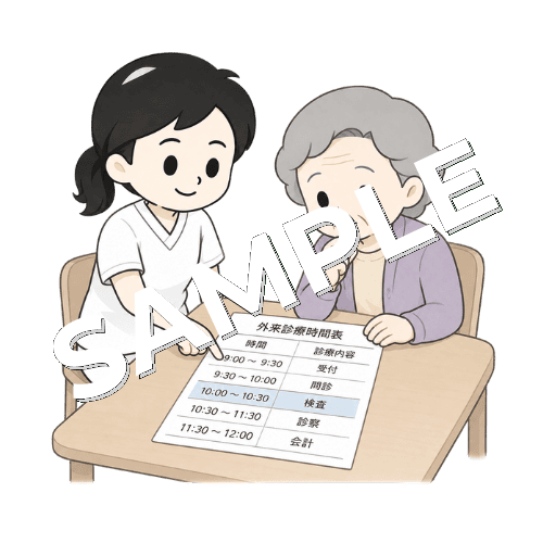時刻表を読む練習をする女性言語聴覚士のイラスト