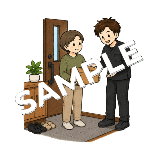 宅配荷物の受け取り動作を練習する患者と男性作業療法士のイラスト