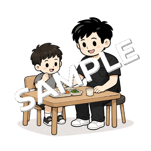 小児患者と給食動作を練習する男性作業療法士のイラスト