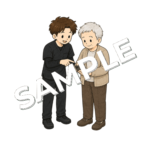 スマホのアラーム設定を練習する患者と男性作業療法士のイラスト