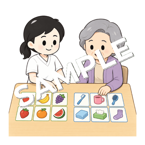 絵カードを分類する訓練をする女性言語聴覚士のイラスト