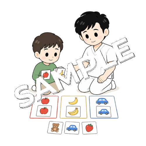 絵カードを分類する訓練をする男性言語聴覚士のイラスト