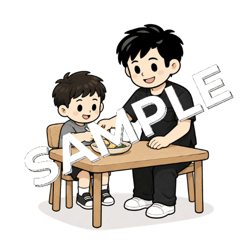 小児患者とスプーン操作を練習する男性作業療法士のイラスト