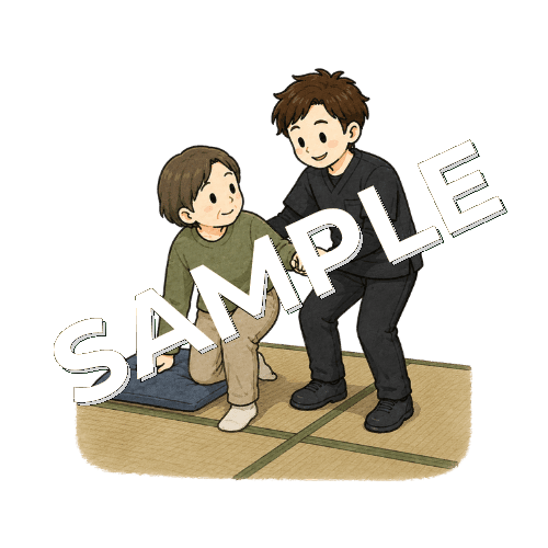 自宅の畳の上で立ち上がり練習をする患者と男性作業療法士のイラスト