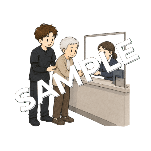郵便局で書類を出す練習をする患者と男性作業療法士のイラスト