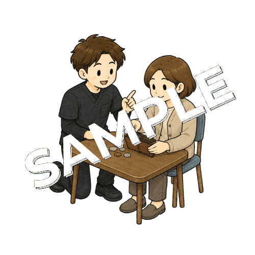 財布から小銭を出す練習をする患者と男性作業療法士のイラスト