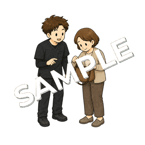カバンから鍵を取り出す練習をする患者と男性作業療法士のイラスト