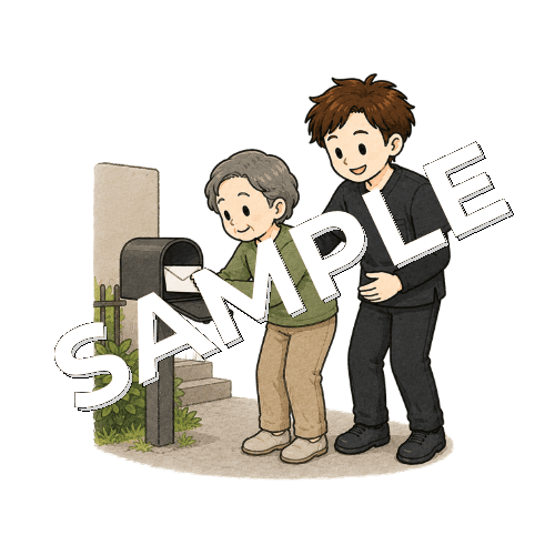郵便受けから手紙を取る練習をする患者と男性作業療法士のイラスト
