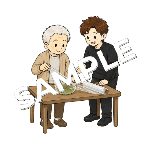 片手でラップを使う練習をする患者と男性作業療法士のイラスト