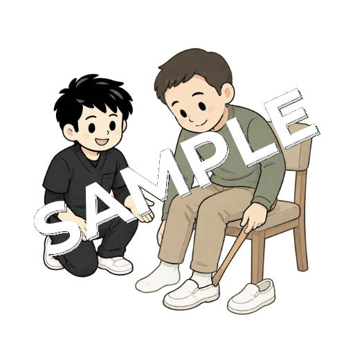 靴べらを使う練習をする患者と男性作業療法士のイラスト