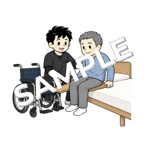 スライディングボードを使う練習をする患者と男性作業療法士のイラスト