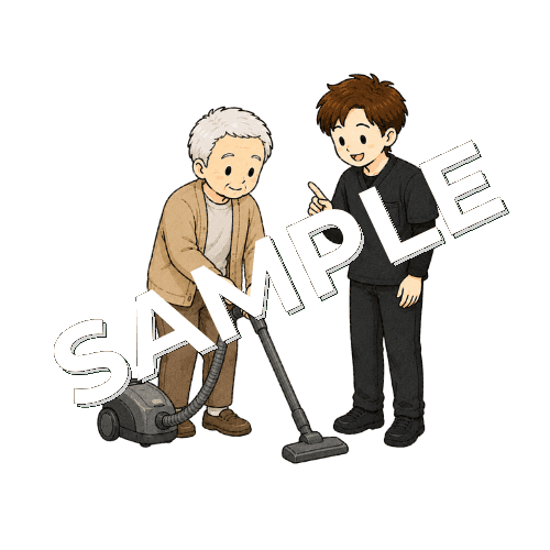 掃除機をかける練習をする患者と男性作業療法士のイラスト