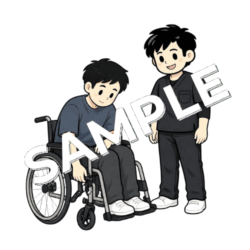 車椅子のブレーキ操作を練習する患者と男性作業療法士のイラスト