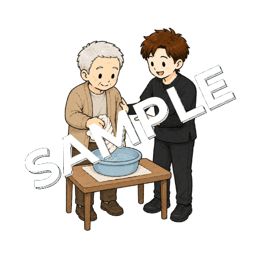 片手動作でタオルを絞る練習をする患者と男性作業療法士のイラスト