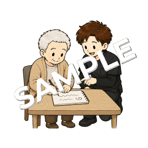 非利き手で文字を書く練習をする患者と男性作業療法士のイラスト