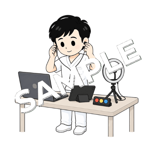 遠隔リハビリの準備をする男性言語聴覚士のイラスト