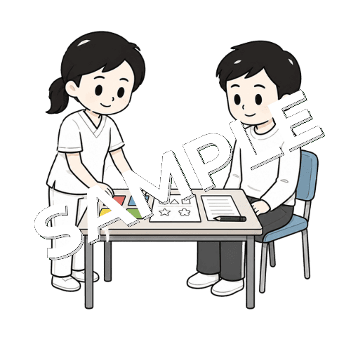 高次脳機能検査を準備する女性言語聴覚士のイラスト