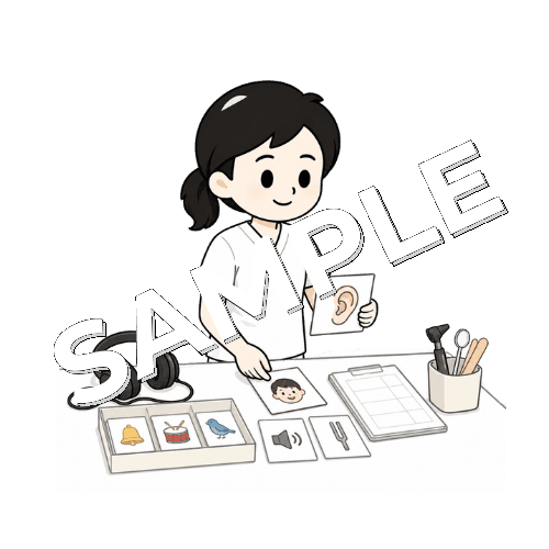 聴覚リハビリの教材を準備する女性言語聴覚士のイラスト