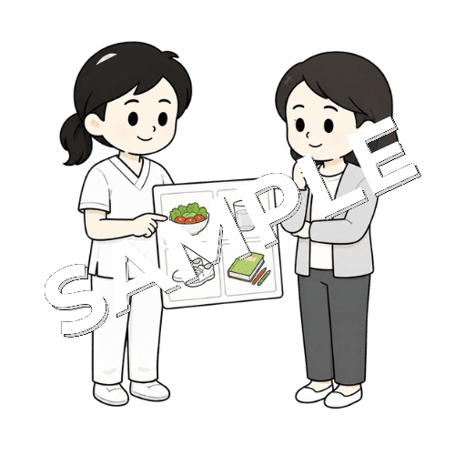 患者に選択肢を提示する女性言語聴覚士のイラスト