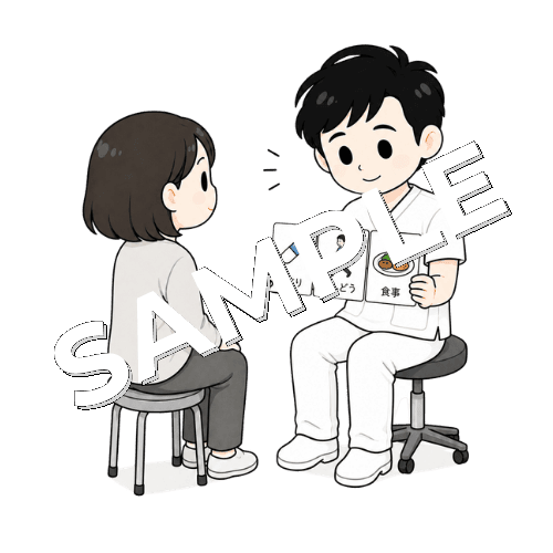 患者に選択肢を提示する男性言語聴覚士のイラスト
