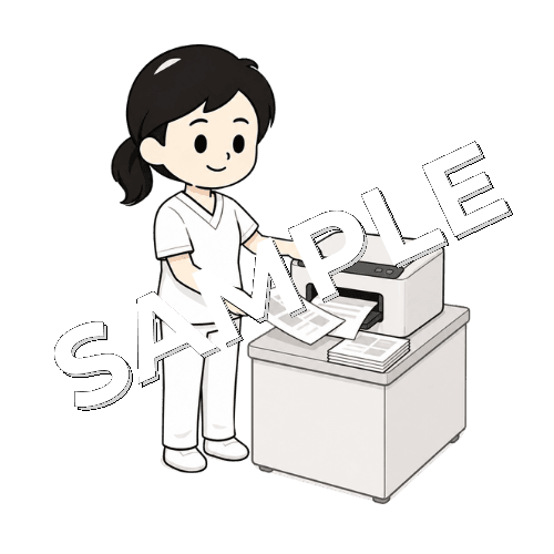 プリント教材を印刷する女性言語聴覚士のイラスト