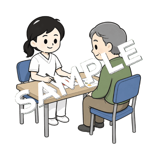 リハビリ室の机で個別訓練をする女性言語聴覚士のイラスト