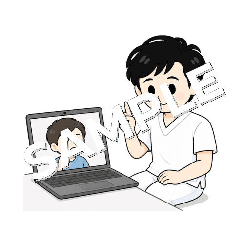 オンラインで言語訓練をする男性言語聴覚士のイラスト