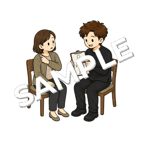 しびれの範囲を図に記録する男性作業療法士のイラスト