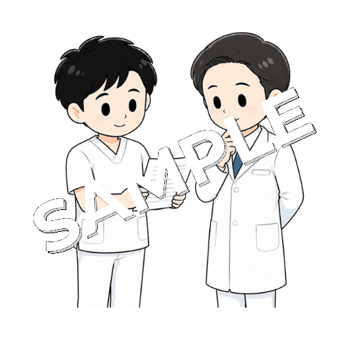 医師に嚥下評価結果を報告する男性言語聴覚士のイラスト