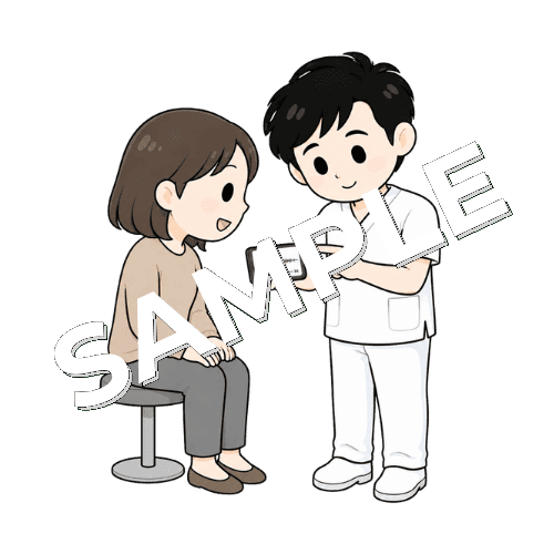 録音した声を一緒に確認する男性言語聴覚士のイラスト