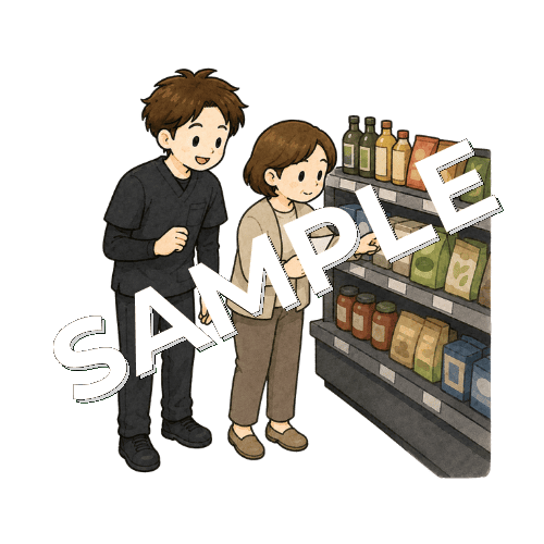 買い物メモを見ながら商品を探す患者と男性作業療法士のイラスト