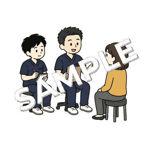 新人柔道整復師に問診の取り方を教える先輩柔道整復師のイラスト