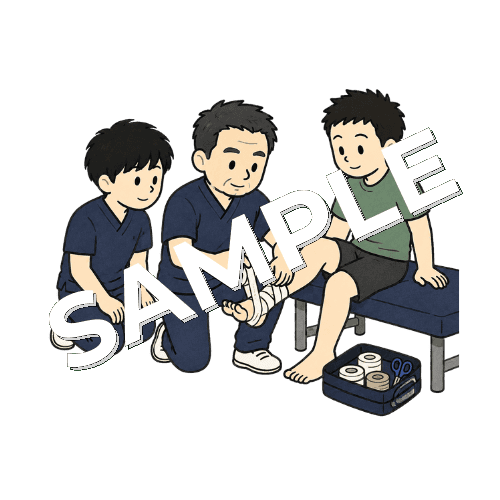 新人柔道整復師にテーピングの巻き方を教える先輩柔道整復師のイラスト