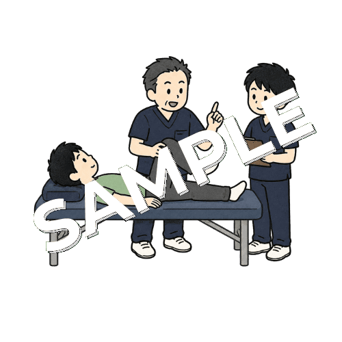 新人柔道整復師に施術手順を教える先輩柔道整復師のイラスト