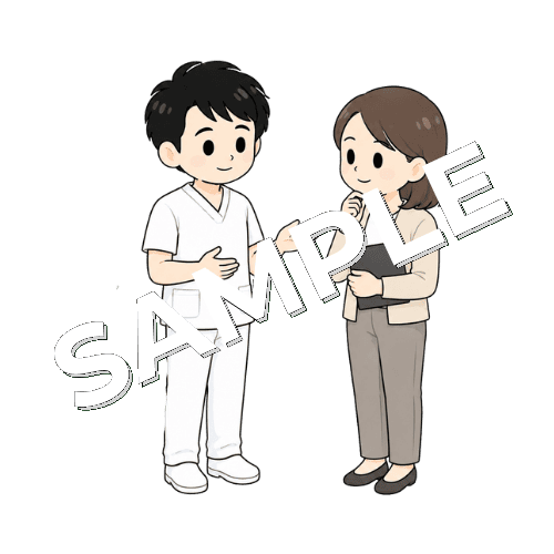 ケアマネジャーに情報共有する男性言語聴覚士のイラスト