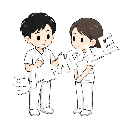 看護師に嚥下リスクを共有する男性言語聴覚士のイラスト
