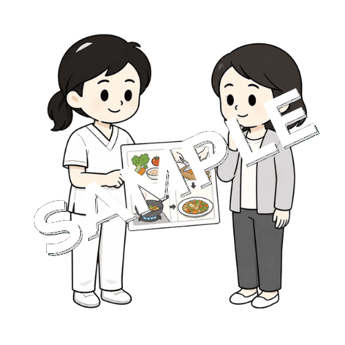 料理の手順カードを見せる女性言語聴覚士のイラスト