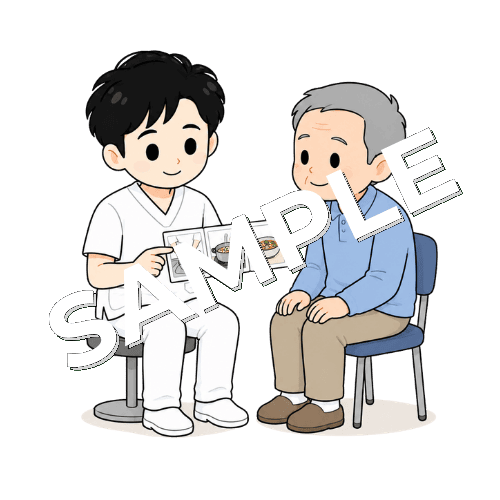 料理の手順カードを見せる男性言語聴覚士のイラスト