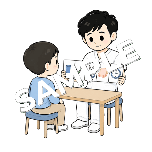 生活用品カードを見せる男性言語聴覚士のイラスト