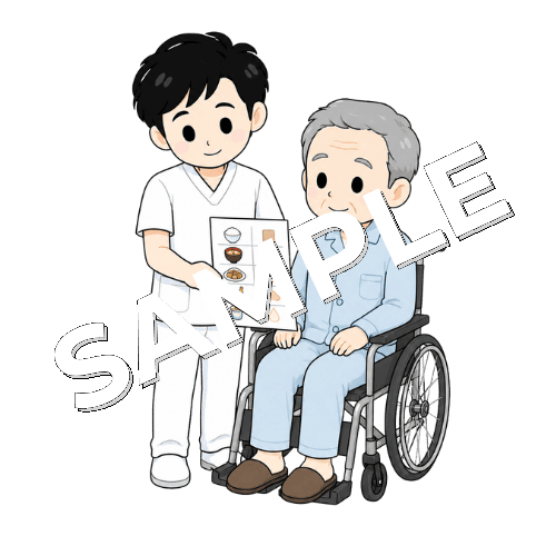 食形態の一覧表を見せる男性言語聴覚士のイラスト