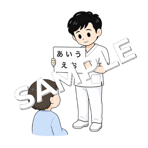 ひらがなカードを見せる男性言語聴覚士のイラスト