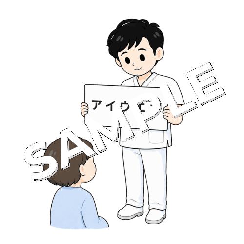 カタカナカードを見せる男性言語聴覚士のイラスト