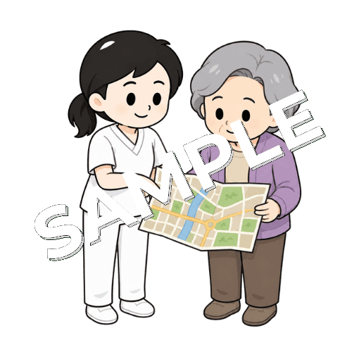 地図を見せて場所の説明を促す女性言語聴覚士のイラスト