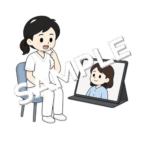 画面越しに口の動きを見せる女性言語聴覚士のイラスト