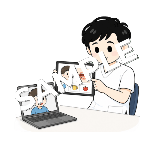 オンライン教材を見せる男性言語聴覚士のイラスト