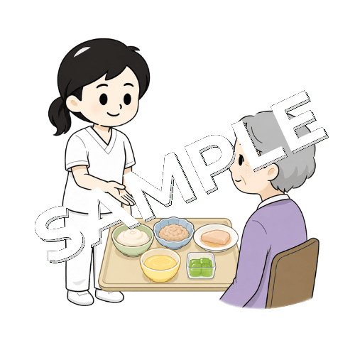 嚥下調整食のサンプルを見せる女性言語聴覚士のイラスト