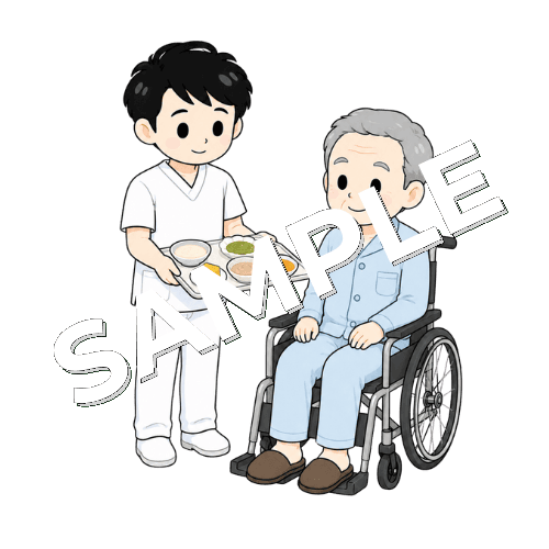 嚥下調整食のサンプルを見せる男性言語聴覚士のイラスト