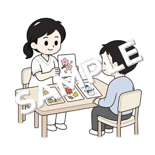 季節の絵カードを見せる女性言語聴覚士のイラスト