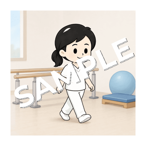 リハビリ室で笑顔の女性言語聴覚士のイラスト